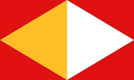 red flag with half orange half white rhombus