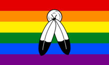 two spirit flag with rainbow and two feathers