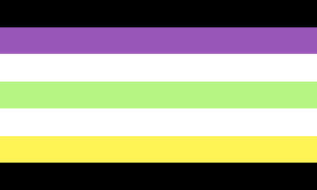 flag with black stripe, purple stripe, white stripe, green stripe, white stripe, yellow stripe, and black stripe.