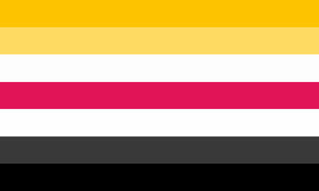 flag with two different dark yellow stripes, white stripe, red stripe, white stripe, dark grey stripe, and black stripe.