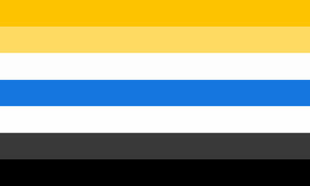 flag with two different dark yellow stripes, white stripe, blue stripe, white stripe, dark grey stripe, and black stripe.