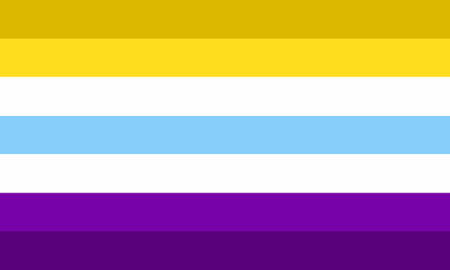 flag with two yellow stripes, white stripe, baby blue stripe, white stripe, and two purple stripes.