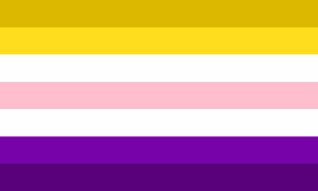flag with two yellow stripes, white stripe, baby pink stripe, white stripe, and two purple stripes.
